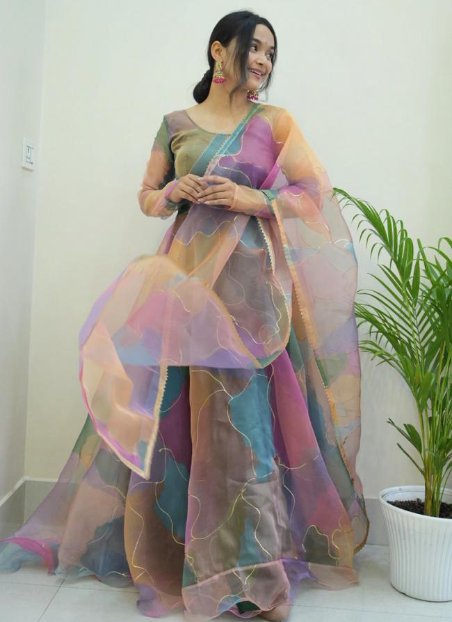 Organza Silk Multi Colour Traditional Wear Printed Readymade Gown With Dupatta